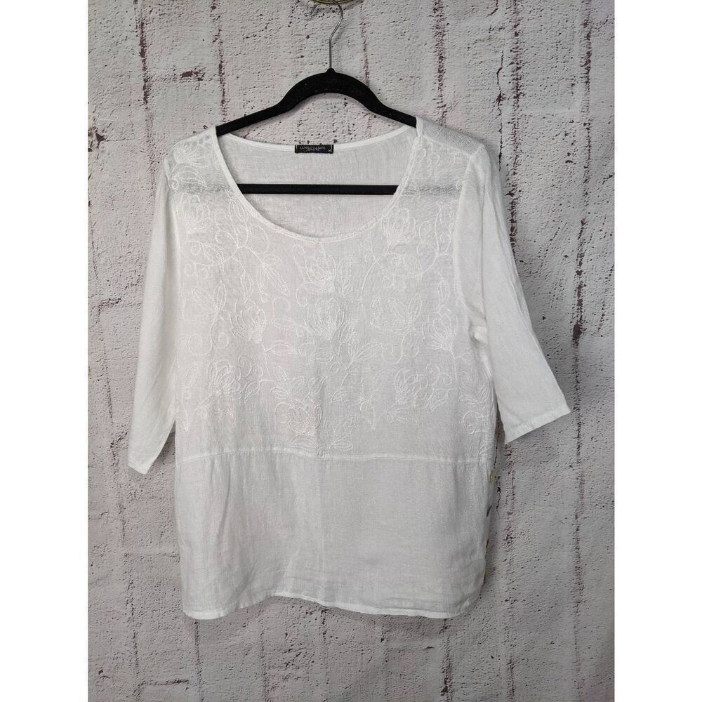 Lungo L'Arno Italy Size M Cool White Pure Linen Embroidered Top Blouse 3/4 Sleev